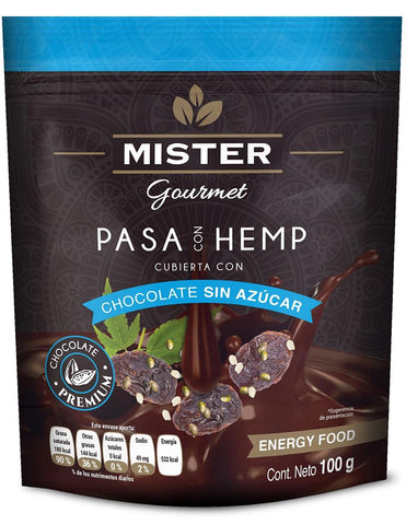 Pasa con Hemp Cubierta con Chocolate Sin Azúcar Mister 100 g